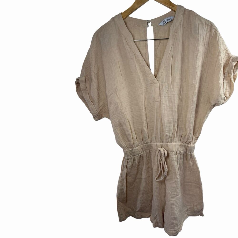 Cupshe Women’s Beige Gauze Romper V-Neck Drawstring Waist Short Sleeve Casual - Picture 13 of 14